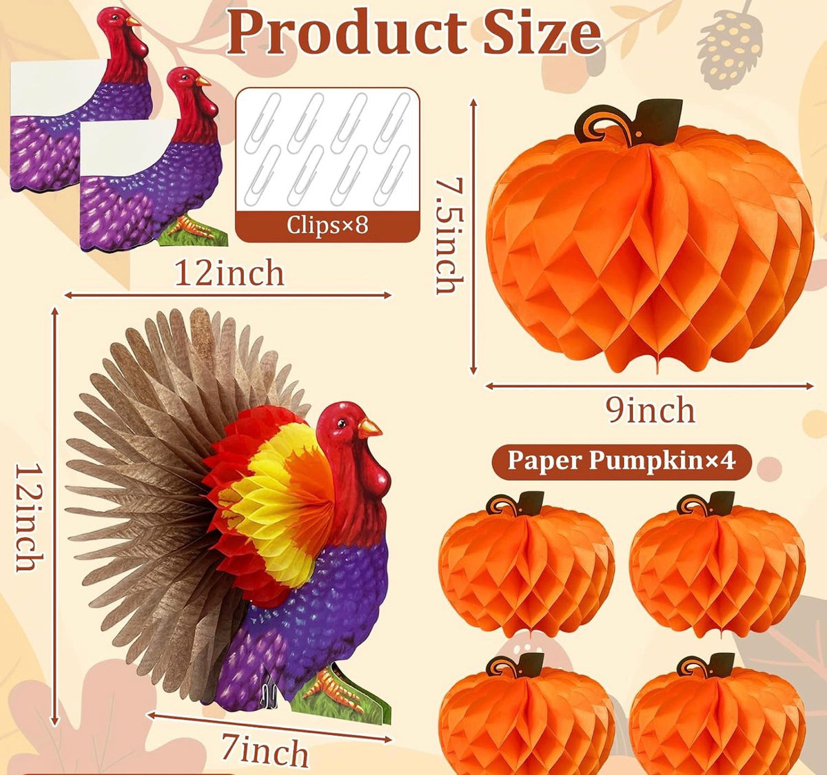 Thanksgiving honeycomb paper turkey and pumpkin centerpiece set with size guide